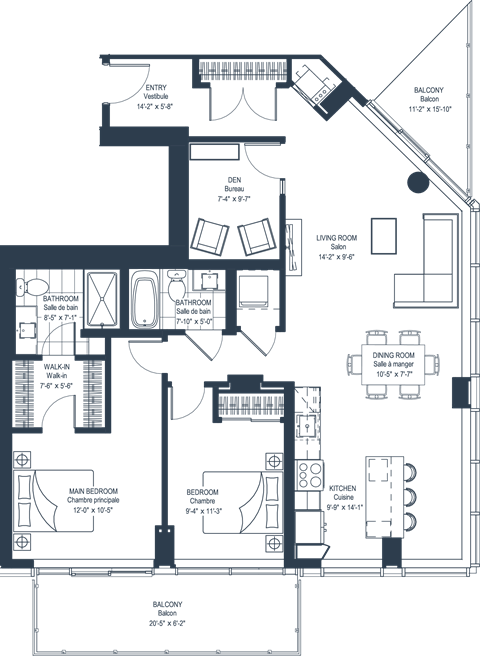 Floor plan for 3 beds, 2 baths, 1365 sqft